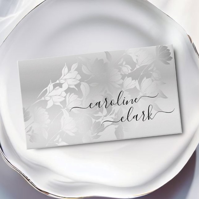 Calligraphy Elegant Modern Silver Grey Flowers Business Card (Creator Uploaded)