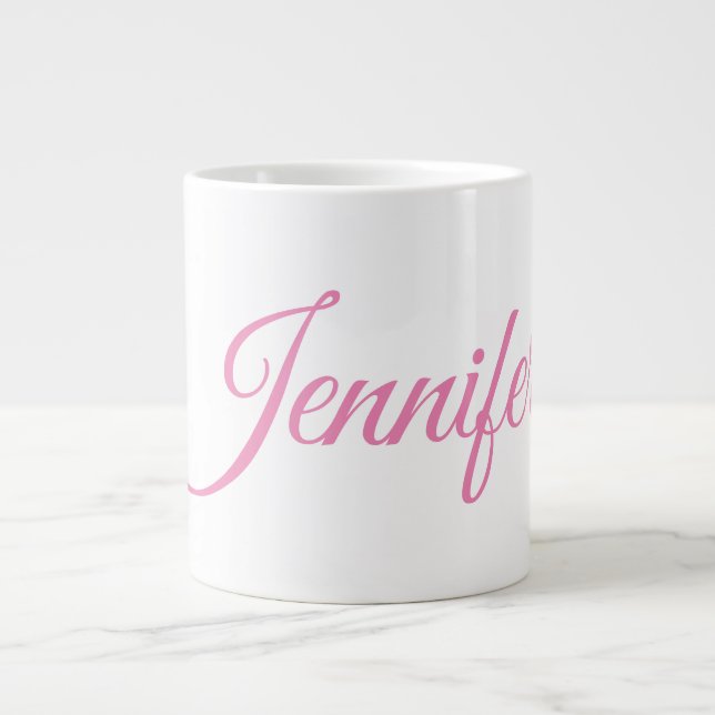 Calligraphy Elegant Pink White Custom Name Large Coffee Mug (Front)