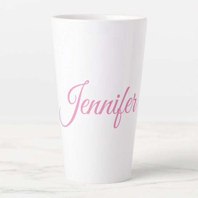 Calligraphy Elegant Pink White Custom Name Latte Mug (Front)