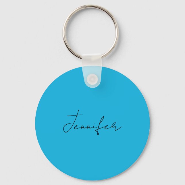 Calligraphy Elegant Plain Simple Name Blue Key Ring (Front)