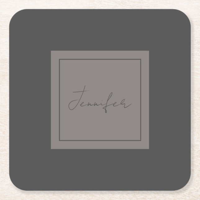 Calligraphy Elegant Plain Simple Name Grey Square Paper Coaster (Front)