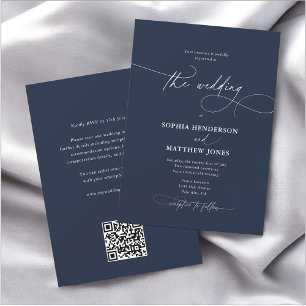 Calligraphy Elegant QR Code Navy Blue Wedding  Invitation