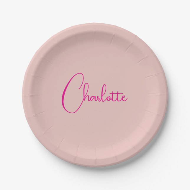 Calligraphy Elegant Rose Gold Plain Simple Name Paper Plate (Front)