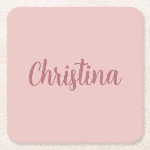 Calligraphy Elegant Rose Gold Plain Simple Name Square Paper Coaster