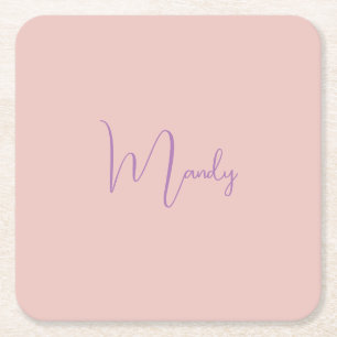 Calligraphy Elegant Rose Gold Plain Simple Name Square Paper Coaster