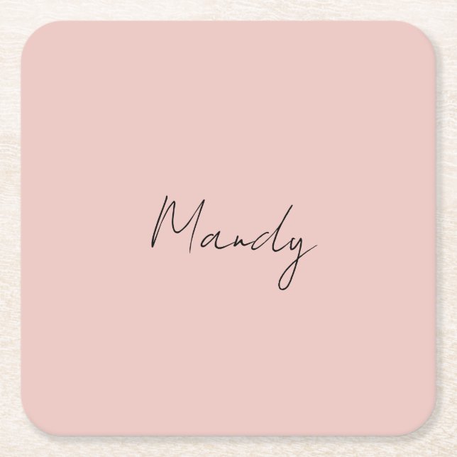 Calligraphy Elegant Rose Gold Plain Simple Name Square Paper Coaster (Front)