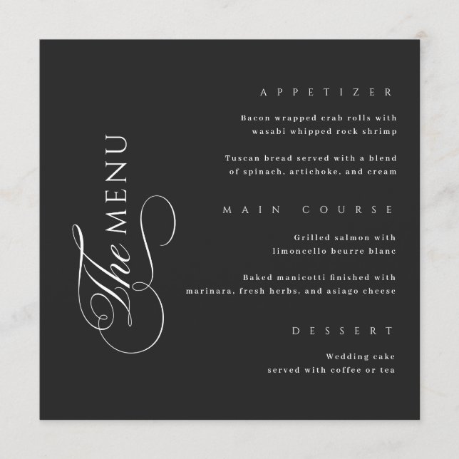 Calligraphy Elegant Square Black Wedding Menu (Front)