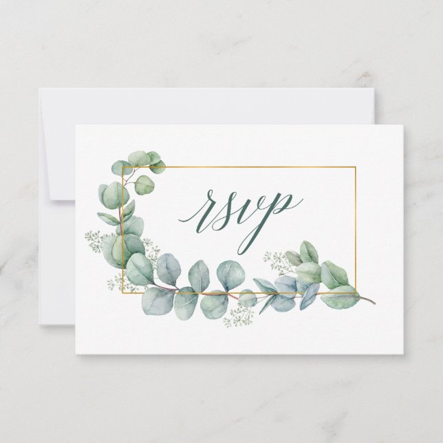 Calligraphy Eucalyptus Green Wedding Gold Frame RSVP Card (Front)