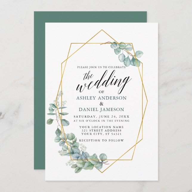 Calligraphy Eucalyptus Greenery Gold Frame Wedding Invitation (Front/Back)