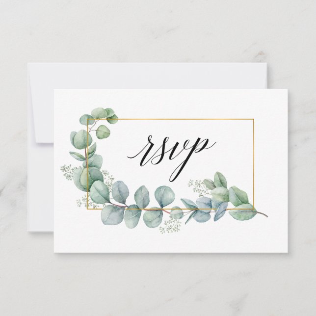 Calligraphy Eucalyptus Greenery Gold Wedding Meal RSVP Card (Front)