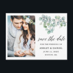 Calligraphy Eucalyptus Leaves Save the Date Postcard<br><div class="desc">Modern Calligraphy Script,  Elegant Watercolor Botanical Eucalyptus Leaves,  Greenery Save The Date Engagement Announcement Couple Photo Postcard</div>