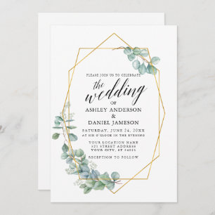 Calligraphy Eucalyptus Photo Wedding Gold Invitation
