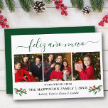 Calligraphy Feliz Ano Nuevo 3 Photo Holly Green Holiday Card<br><div class="desc">Modern Calligraphy Script 3 Photo Family Photo Collage Feliz Ano Nuevo Happy New Year Card includes Watercolor Christmas Holly Berries - Green Script</div>