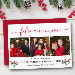 Calligraphy Feliz Ano Nuevo 3 Photo Red Holly Holiday Card