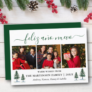 Calligraphy Feliz Ano Nuevo Green Pines Holiday Card