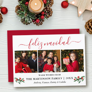 Calligraphy Feliz Navidad 3 Photo Red Holly Holiday Card