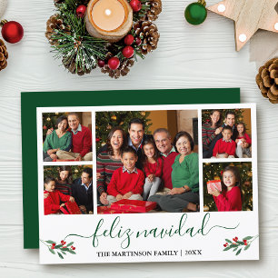 Calligraphy Feliz Navidad 5 Photo Red Holly Green Holiday Card