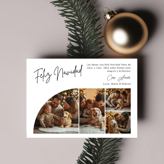 Calligraphy Feliz Navidad Christmas Family 4 Photo Holiday Card (Creator Uploaded)