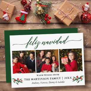 Calligraphy Feliz Navidad Red Holly 3 Photo Green Holiday Card