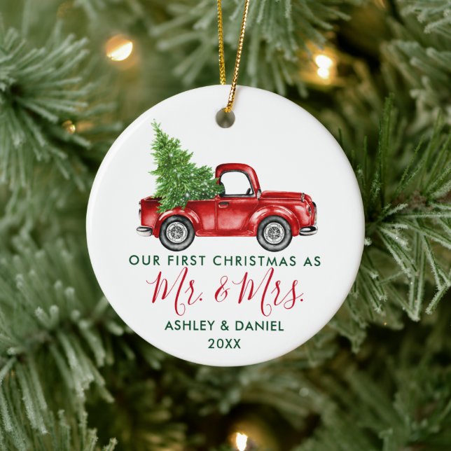 Calligraphy First Christmas Mr. Mrs. Red Truck Ceramic Ornament (Tree)