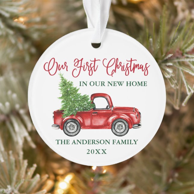 Calligraphy First Christmas New Home Red Truck Ornament (Tree)