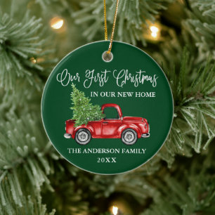 Calligraphy First Christmas New Home Truck Green Ceramic Ornament