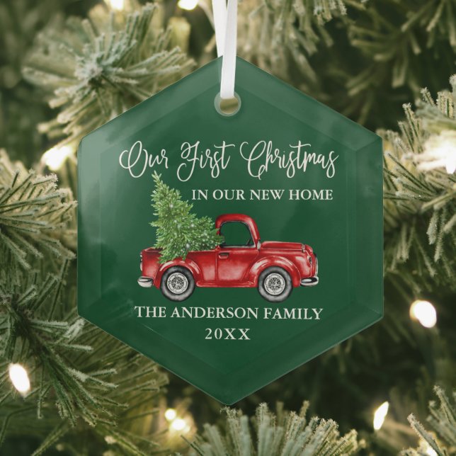 Calligraphy First Christmas New Home Truck Green Glass Tree Decoration (Insitu)