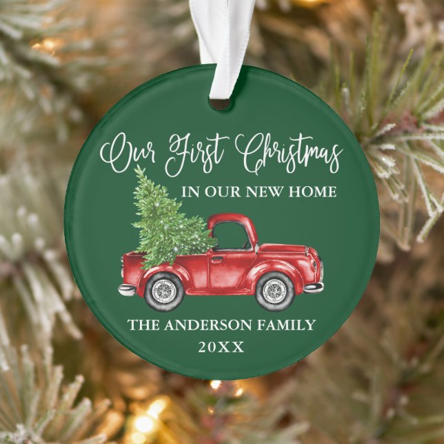 Calligraphy First Christmas New Home Truck Green Ornament (Tree)