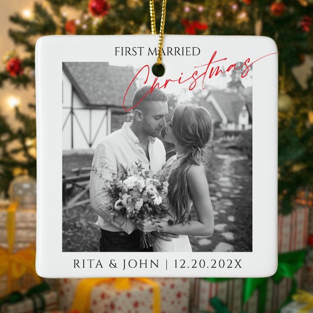 Calligraphy First Married Christmas Photo Ceramic  Ornament (Creator Uploaded)