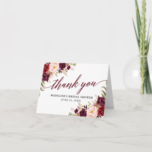 Calligraphy Floral Burgundy Bridal Shower Note Thank You Card (Front)