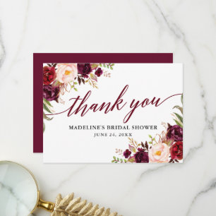 Calligraphy Floral Burgundy Bridal Shower Thank You Card