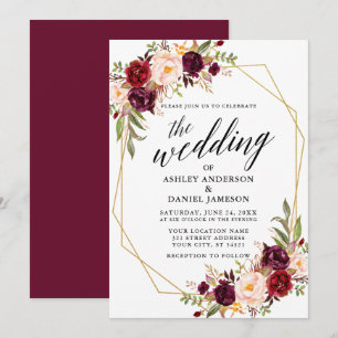 Calligraphy Floral Burgundy Geometric Wedding Invitation