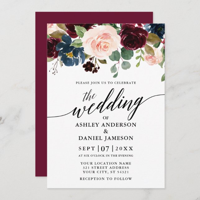 Calligraphy Floral Burgundy Pink Blue Wedding Invitation (Front/Back)