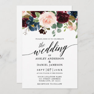 Calligraphy Floral Burgundy Pink Photo Wedding Invitation