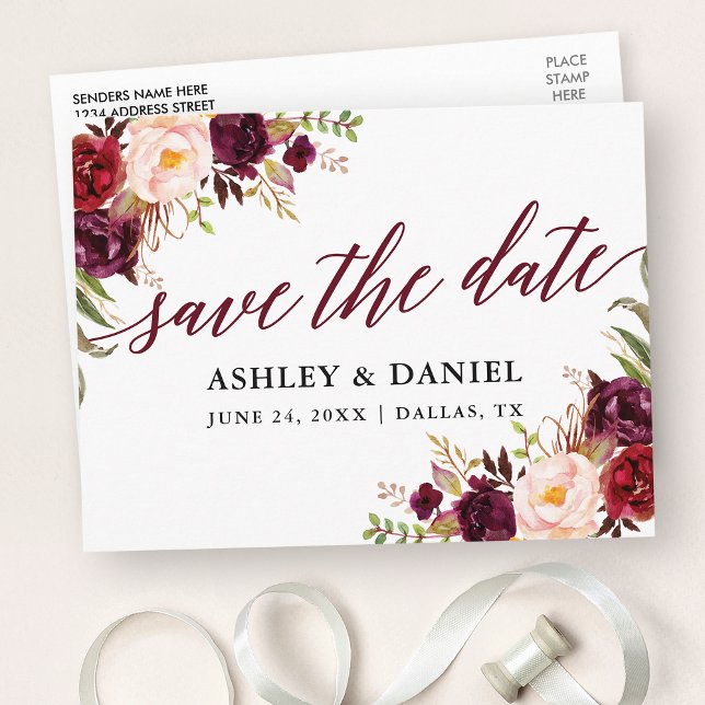 Calligraphy Floral Burgundy Save The Date Postcard (Customize to change your personalized text size or text style.)