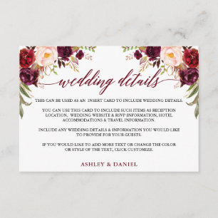 Calligraphy Floral Burgundy Wedding Details Enclosure Card
