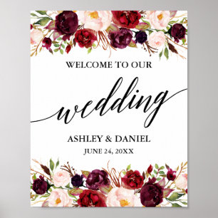 Calligraphy Floral Burgundy Wedding Welcome Poster