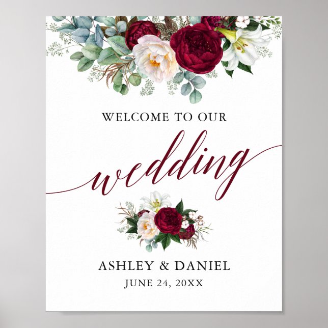 Calligraphy Floral Burgundy Wedding Welcome Poster (Front)