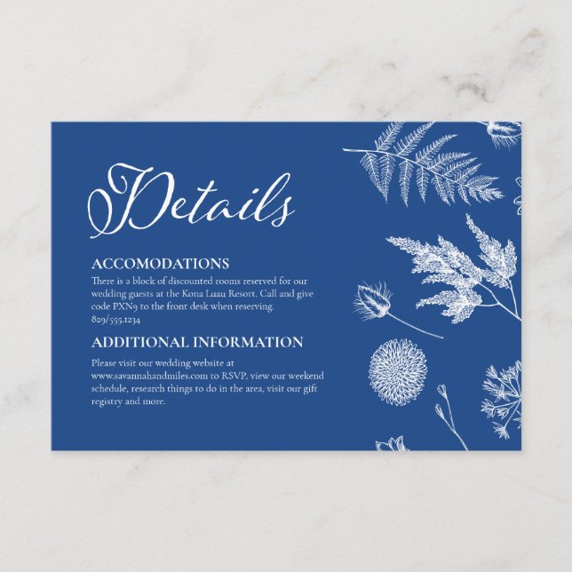 Calligraphy & Floral Marseille Blue Wedding Enclosure Card (Front)