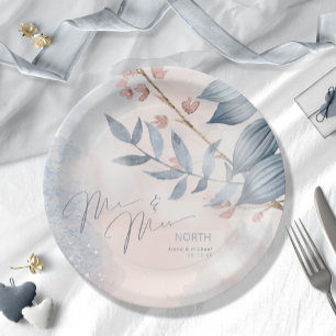 Calligraphy Floral Mr and Mrs Dusty Blue ID771 Paper Plate