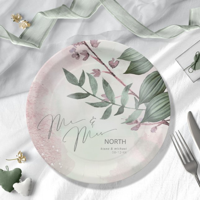 Calligraphy Floral Mr and Mrs Mauve ID771 Paper Plate (Creator Uploaded)