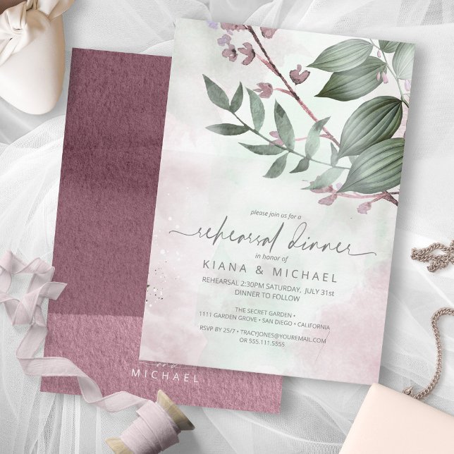 Calligraphy Floral Rehearsal Dinner Mauve ID771 Invitation (Front/Back In Situ)