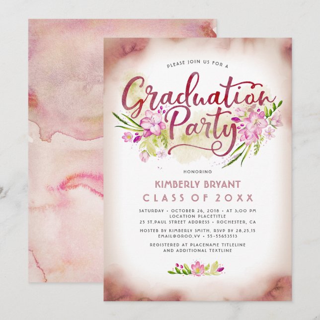 Calligraphy | Floral Watercolor Graduation Party Invitation (Front/Back)