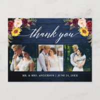 Calligraphy Floral Wedding Blue Wood Thank You