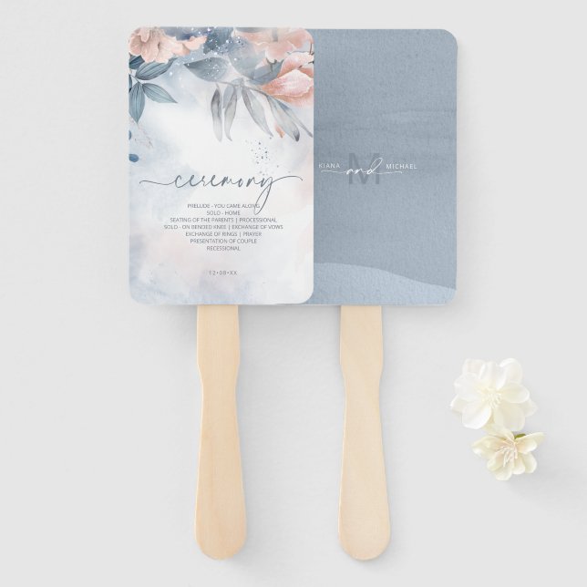 Calligraphy Floral Wedding Ceremony Blue ID771 Hand Fan (Front and Back)