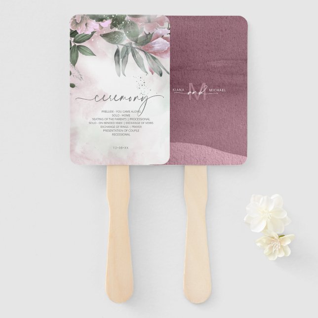 Calligraphy Floral Wedding Ceremony Mauve ID771 Hand Fan (Front and Back)