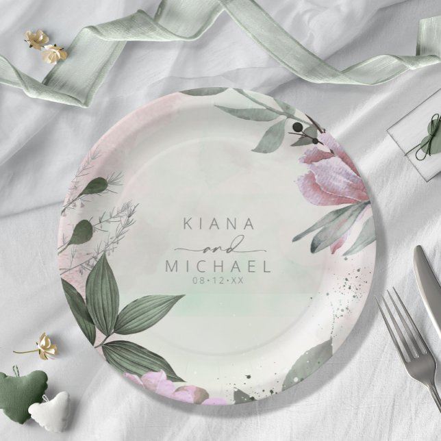 Calligraphy Floral Wedding Mauve ID771 Paper Plate (Creator Uploaded)