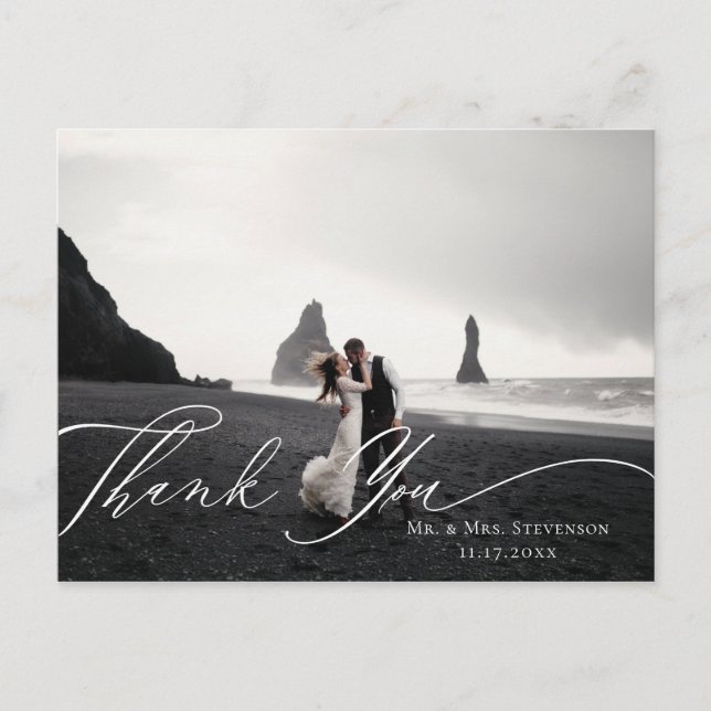 Calligraphy Floral Wedding Photo Thank You Postcard (Front)