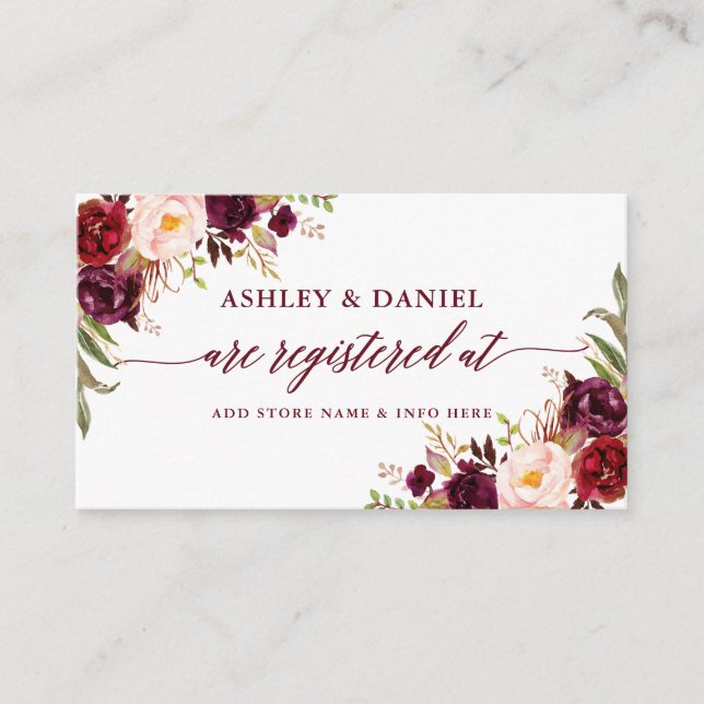 Calligraphy Floral Wedding Registry Burgundy Enclosure Card (Front)