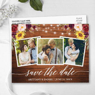 Calligraphy Floral Wood Burgundy Save The Date Postcard